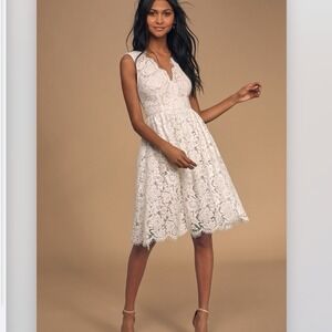 NWT Lulus Love Swept White Lace Sleeveless Midi Flare Dress Pockets Size SMALL